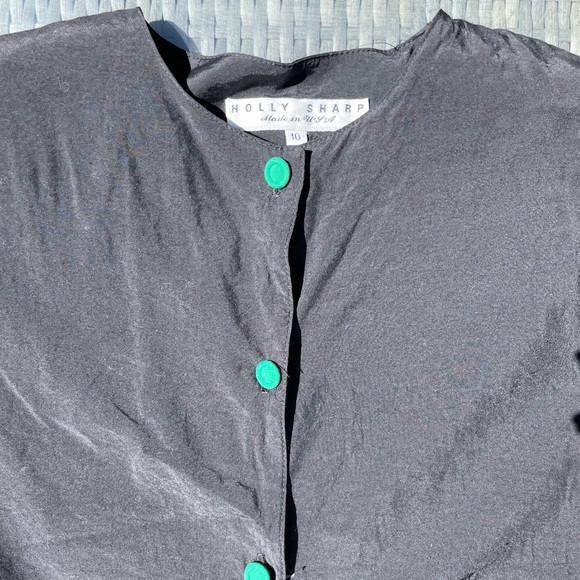 Holly Sharp vintage 90s black long sleeve ruffle top w/ shoulder pads, size 10 - Picture 2 of 5